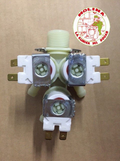 Electroválvula triple 180º lavadora Fagor, Electrolux, AEG, Zoppas, Zanussi, etc, 220V, 3 vias.