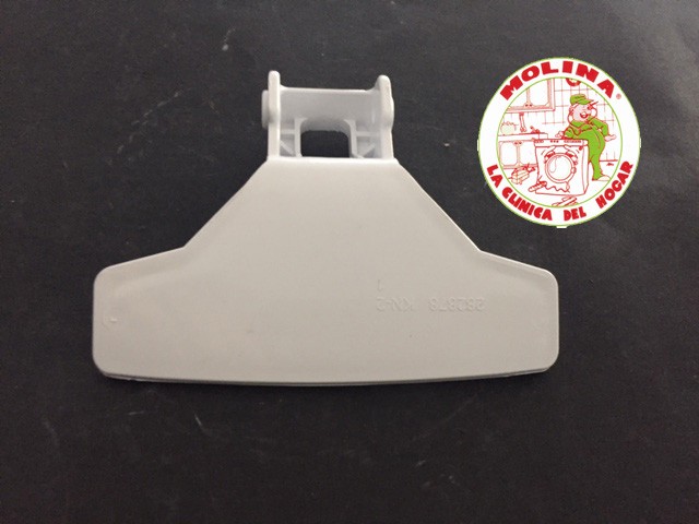 Maneta, cierre escotilla lavadora Beko, blanca.